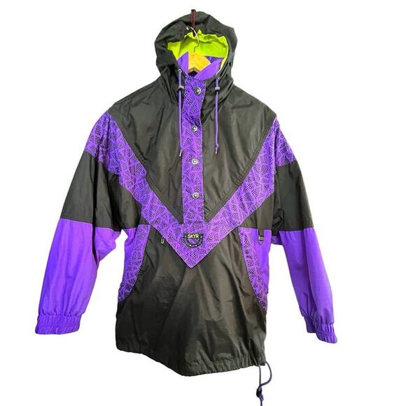 Vintage 90s SKYR Ski Jacket Size 8 Hooded Pullover Purple Black Retro - Picture 1 of 15